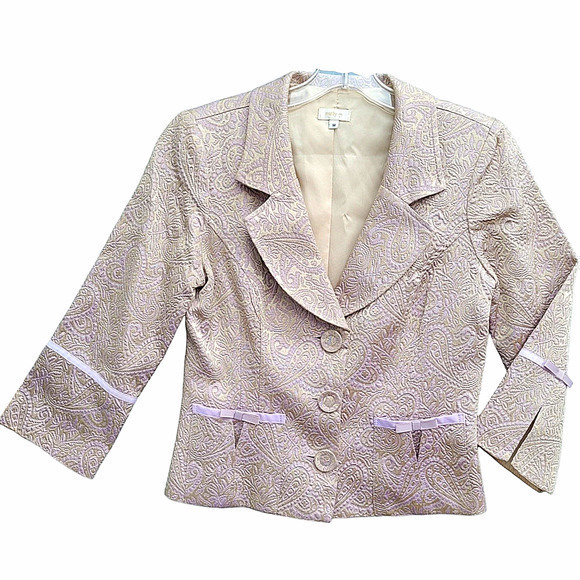 Vintage 80s Matty M Paisley Jacquard‎ Grosgrain Ribbon Bows Cropped Jacket - Picture 1 of 13